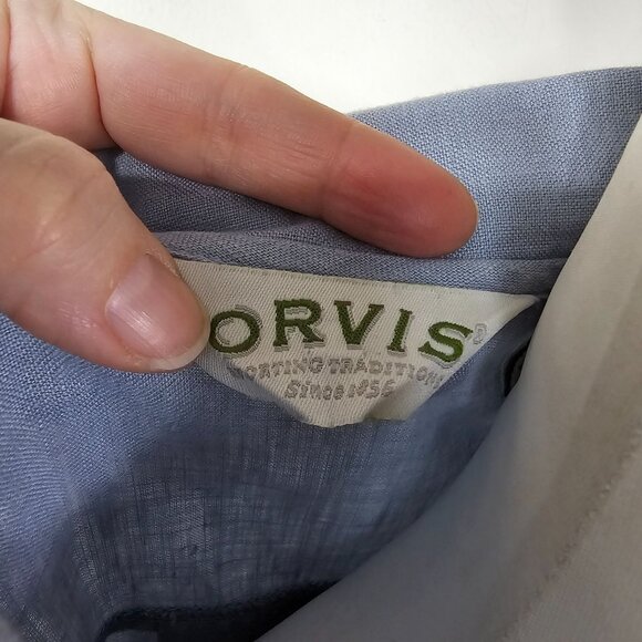 Orvis Blue Linen Button Up Shirt S Mother of Pearl Lagenlook Coastal Relaxed - Picture 6 of 10